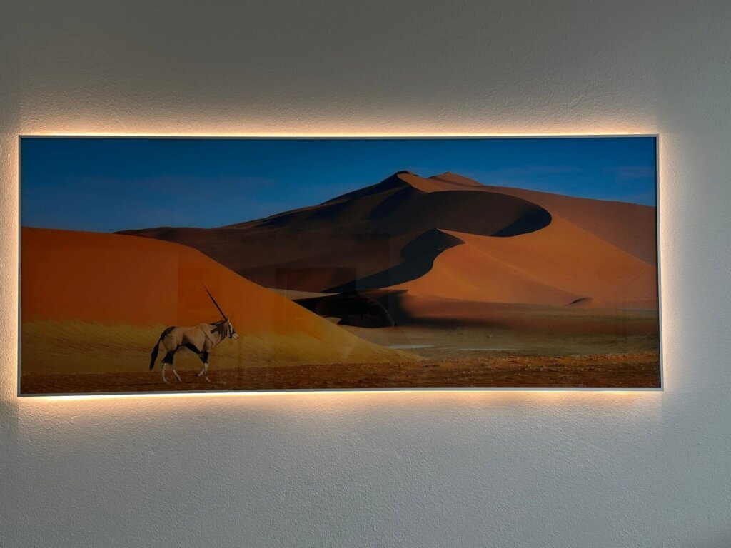 Beleuchtete Glasbildheizung mit Wüstenmotiv und Oryx, Silberrahmen matt