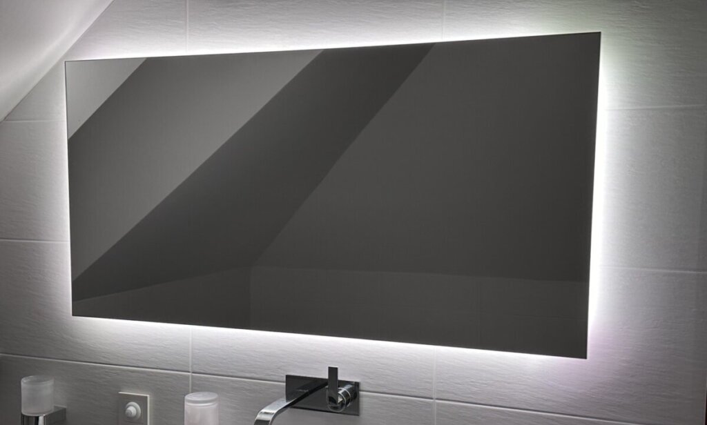Beleuchtete Photonenheizung Spiegelheizung in Weiß im Badezimmer